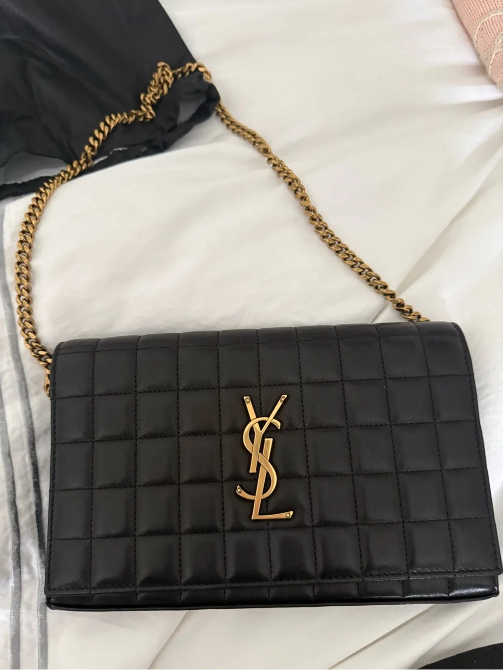 Saint Laurent Black Quilted Leather Shoulder Bag with Gold YSL Chain - Picture 1 of 11